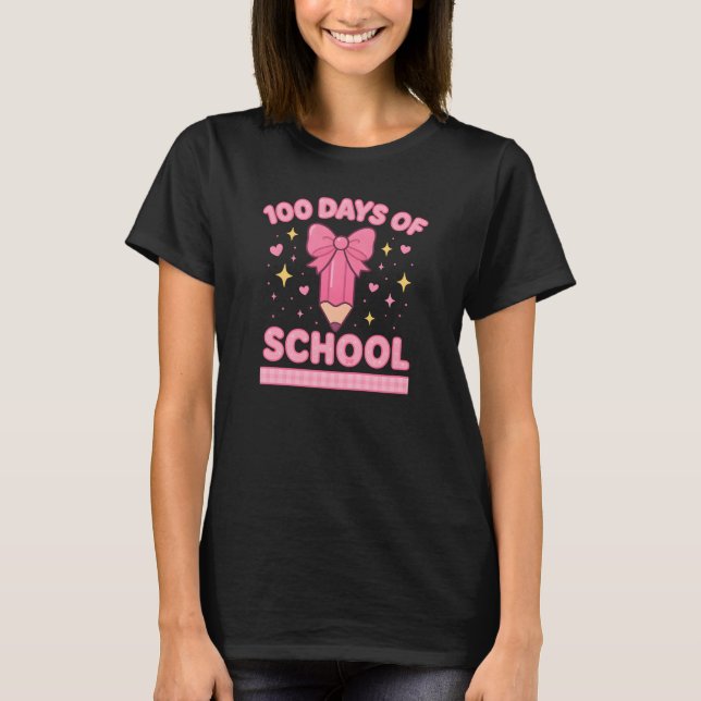 Cute Coquette Bow 100 Days of School Girls T-Shirt (Front)