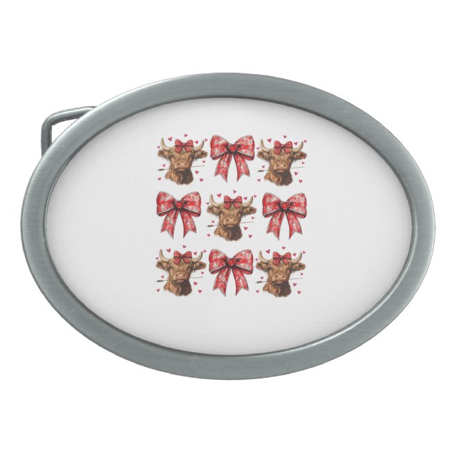 Cute Coquette Bow Heart Highland Cow Western Valen Belt Buckle (Front)
