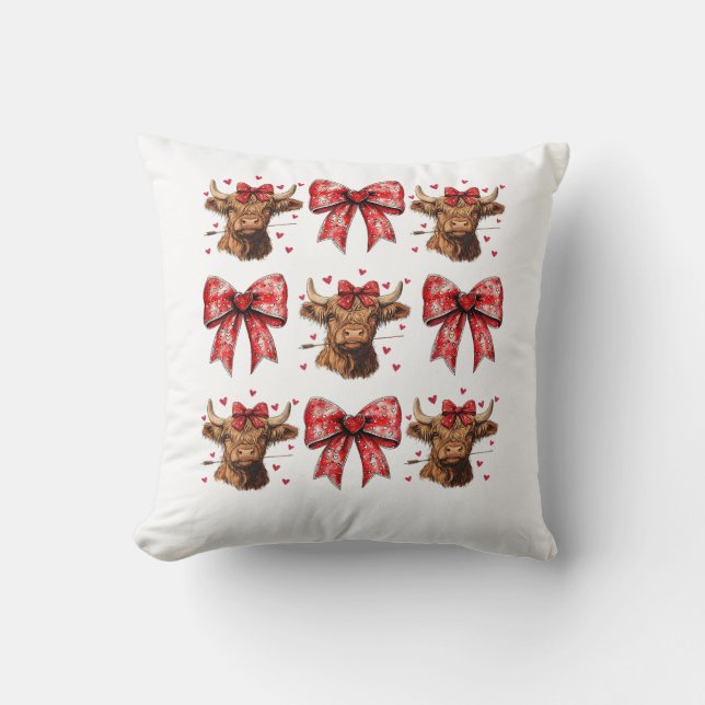 Cute Coquette Bow Heart Highland Cow Western Valen Throw Pillow (Front)