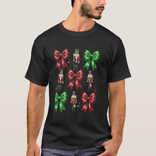 Cute Coquette Bow Nutcracker Squad Christmas Famil T-Shirt (Front)