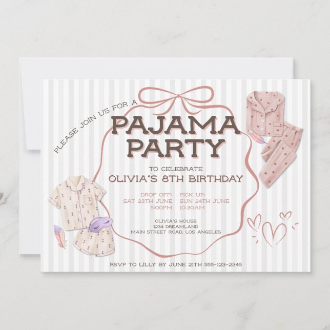  Cute Coquette Bow Pajama striped party birthday Invitation (Front)