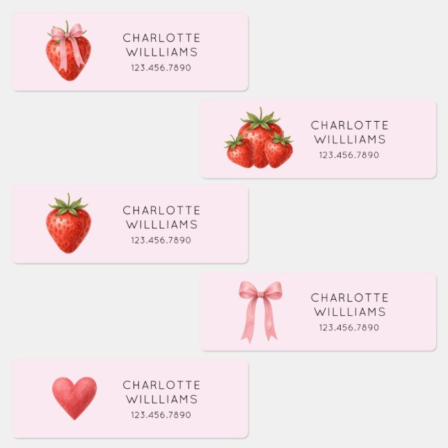 Cute Coquette Bow Strawberry Back to School Kids Labels (Group)