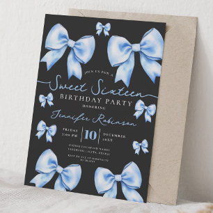 Cute Coquette Bow Sweet 16 Birthday Blue Black Invitation