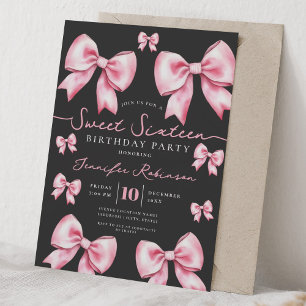 Cute Coquette Bow Sweet 16 Birthday Pink Black Invitation