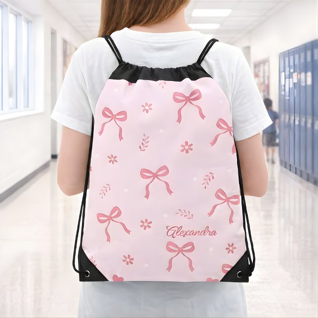 Cute Coquette Bows and Blossoms Custom Name Drawstring Bag (Creator Uploaded)