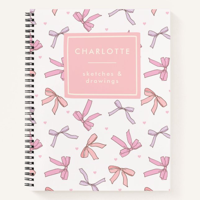 Cute Coquette Bows Pink Personalized Sketchbook Notebook (Front)