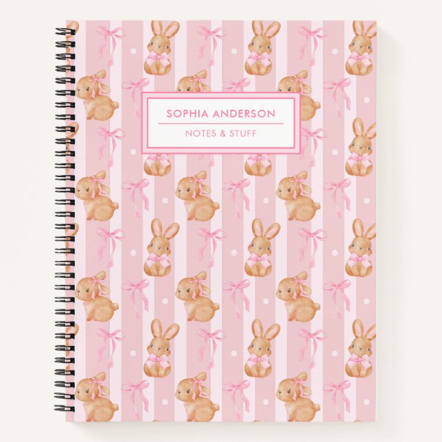 Cute Coquette Bunny with Pink Bow Personalized Notebook (Front)