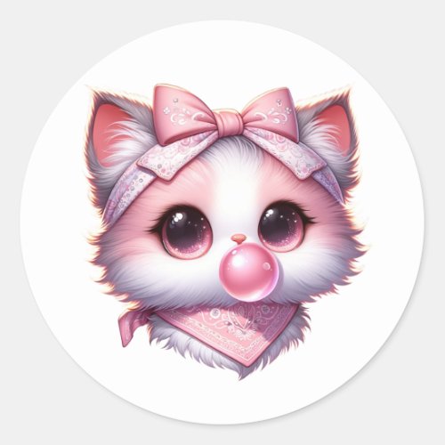 Cute Coquette Cat Pink Bow Bandanna Bubble Gum Classic Round Sticker