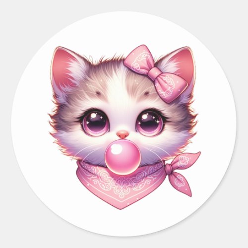 Cute Coquette Cat Pink Bow Bandanna Bubble Gum Classic Round Sticker