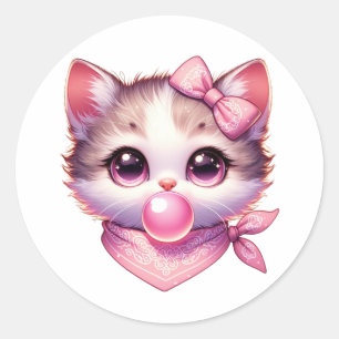Cute Coquette Cat Pink Bow Bandanna Bubble Gum Classic Round Sticker
