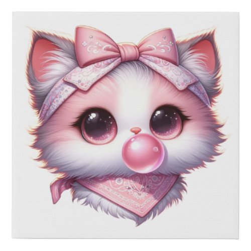 Cute Coquette Cat Pink Bow Bandanna Bubble Gum  Faux Canvas Print