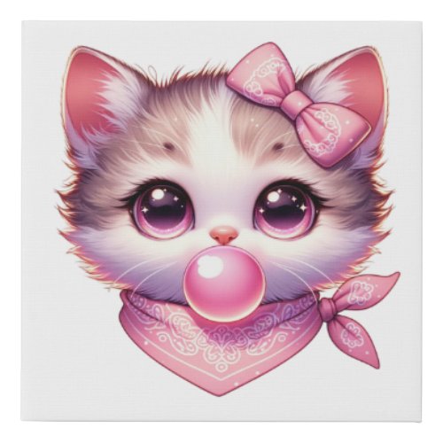 Cute Coquette Cat Pink Bow Bandanna Bubble Gum Faux Canvas Print