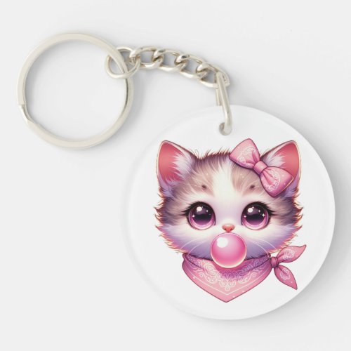 Cute Coquette Cat Pink Bow Bandanna Bubble Gum Keychain