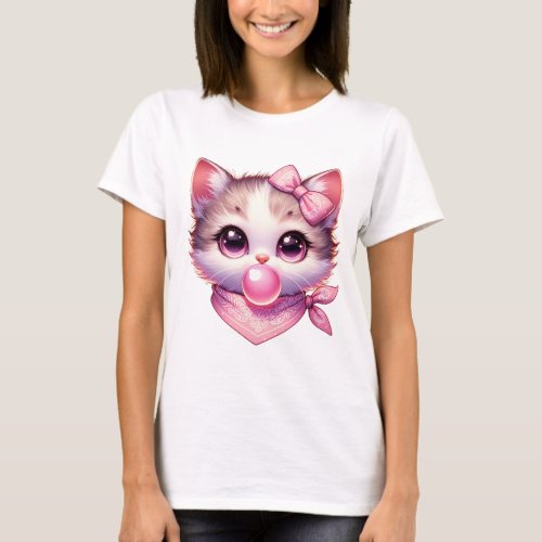 Cute Coquette Cat Pink Bow Bandanna Bubble Gum T_Shirt