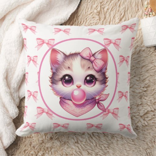 Cute Coquette Cat Pink Bow Bandanna Bubble Gum Throw Pillow