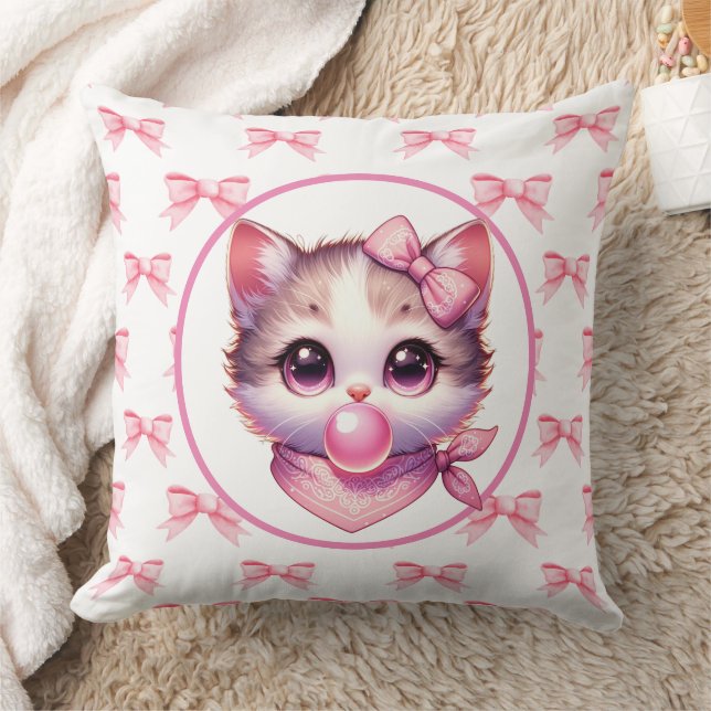 Cute Coquette Cat Pink Bow Bandanna Bubble Gum Throw Pillow (Blanket)