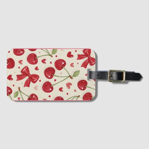 Cute Coquette Cherry and Red Bow Pattern Luggage Tag