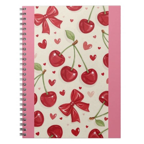 Cute Coquette Cherry and Red Bow Pattern  Notebook