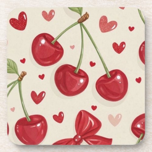 Cute Coquette Cherry and Red Ribbon Bows Seamless  Beverage Coaster