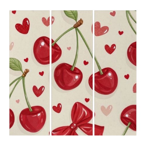 Cute Coquette Cherry and Red Ribbon Bows Seamless Triptych