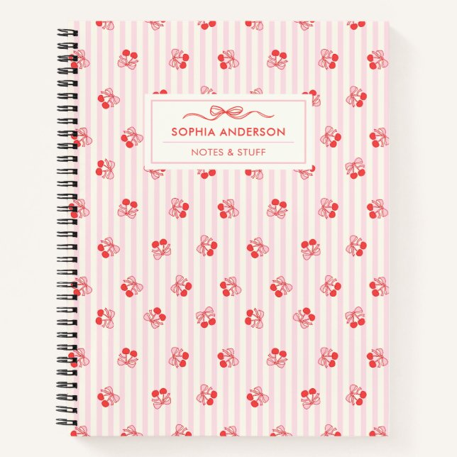 Cute Coquette Cherry Bow with Stripes Custom Notebook (Front)
