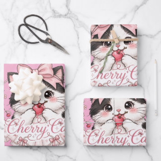 Cute Coquette Cherry Cat Wrapping Paper