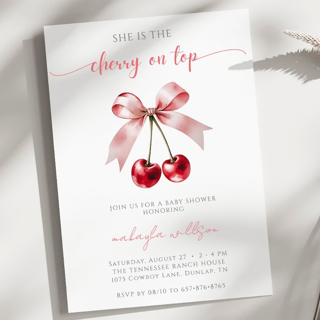 cute Coquette Cherry on Top Baby Shower pink & red Invitation (Creator Uploaded)