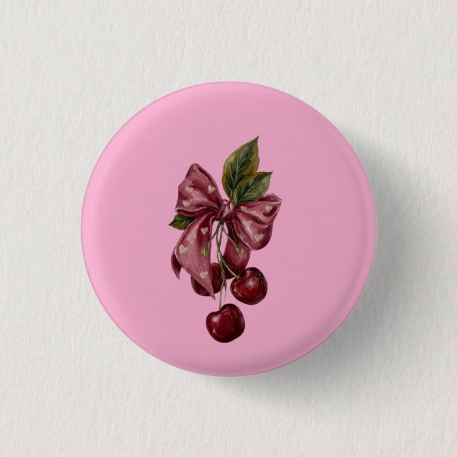 Cute Coquette Cherry Ribbon Pink Aesthetic Button (Front)