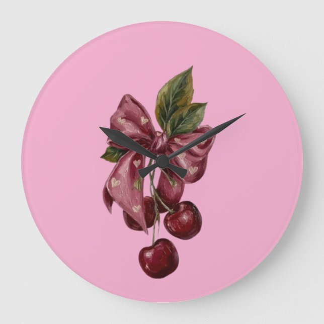 Cute Coquette Cherry Ribbon Pink Aesthetic Large Clock (Front)