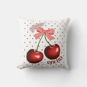 Cute Coquette Cherry with Pink Gingham Bow T-Shir Throw Pillow