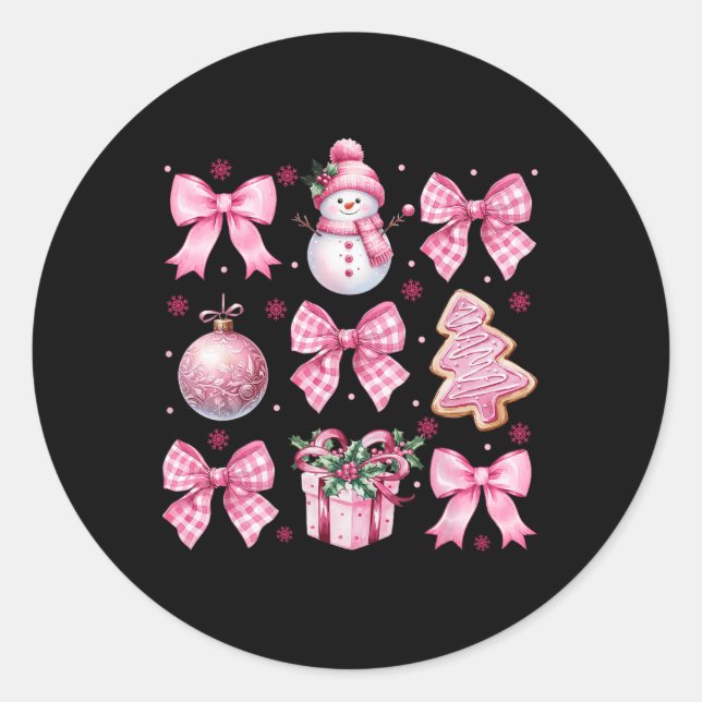 Cute Coquette Christmas Pink Bows Santa Gingerbrea Classic Round Sticker (Front)