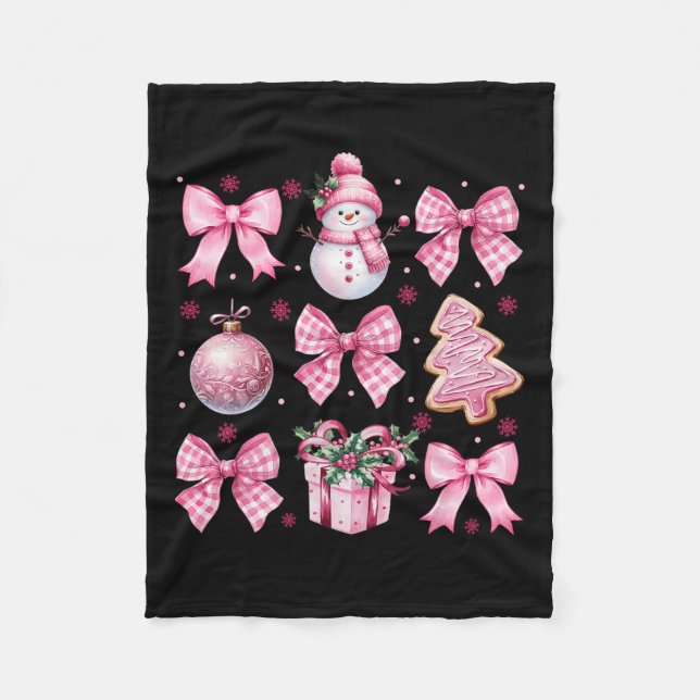 Cute Coquette Christmas Pink Bows Santa Gingerbrea Fleece Blanket (Front)