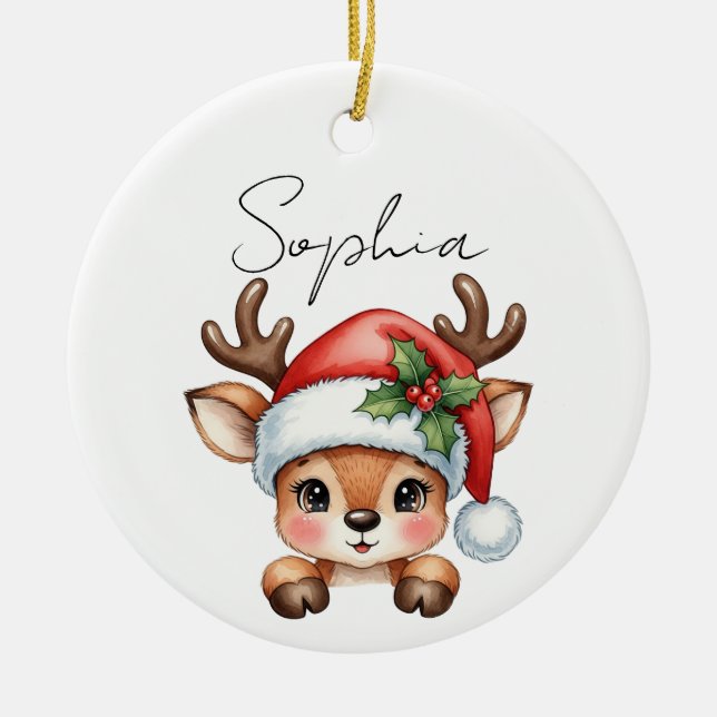 Cute Coquette Floral Christmas Reindeer Ceramic Ornament (Front)