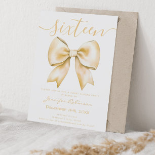 Cute Coquette Gold Bow Sweet 16 Birthday Invitation