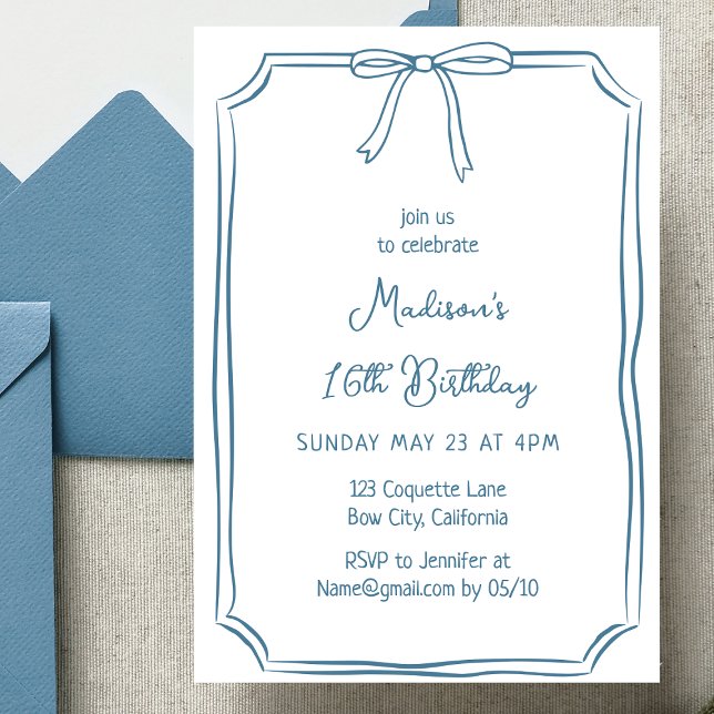 Cute Coquette Hand Drawn Bow Whimsical Birthday  Invitation (Creator Uploaded)