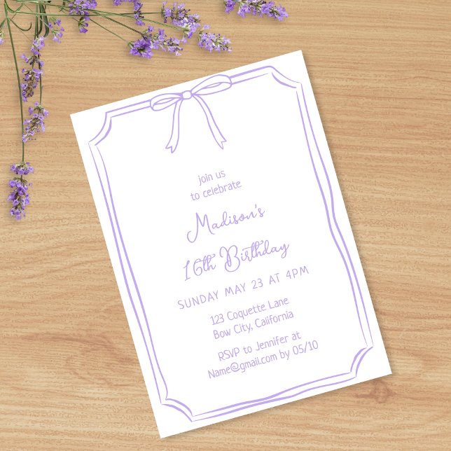 Cute Coquette Hand Drawn Bow Whimsical Birthday Invitation (Creator Uploaded)