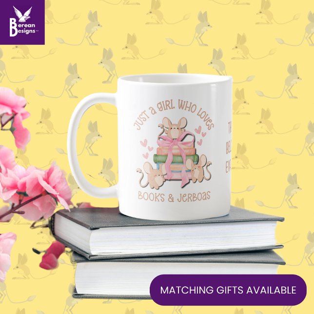 Cute Coquette JUST A GIRL WHO LOVES JERBOAS Coffee Mug (Cute JUST A GIRL WHO LOVES JERBOAS & BOOKS mug with CUSTOMIZABLE TEXT. Ideal Mother's Day gift.)