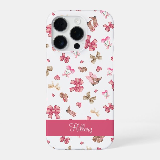 Cute Coquette Pink Bow Cowgirl Personalized iPhone Case (Back)