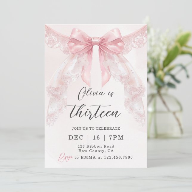 Cute Coquette Pink Lace Bow Girl Birthday Invitation (Standing Front)