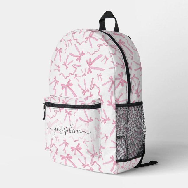 Cute coquette pink ribbon bow personalized printed backpack (Back Corner Right)