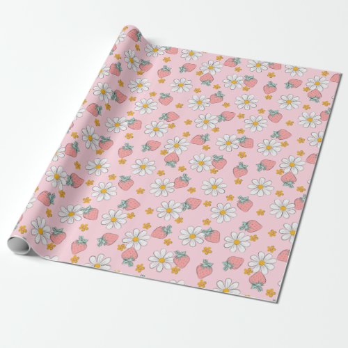 Cute Coquette Pink Strawberries Daisy Flower Fruit Wrapping Paper
