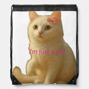 Cute Coquette White Cat "I'm Just a Girl" Drawstring Bag