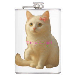 Cute Coquette White Cat I'm Just a Girl Pink Bow Flask