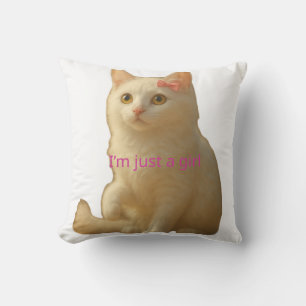 Cute Coquette White Cat I'm Just a Girl Pink Bow Outdoor Pillow