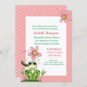 Cute Coral and Green Frog Baby Shower Invitation