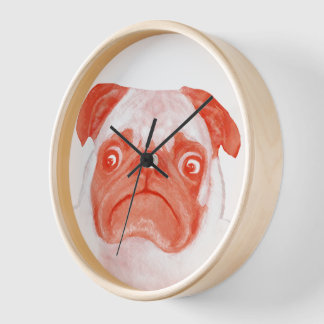 Cute Coral and Pink Grumpy Pug Face Wall Clock