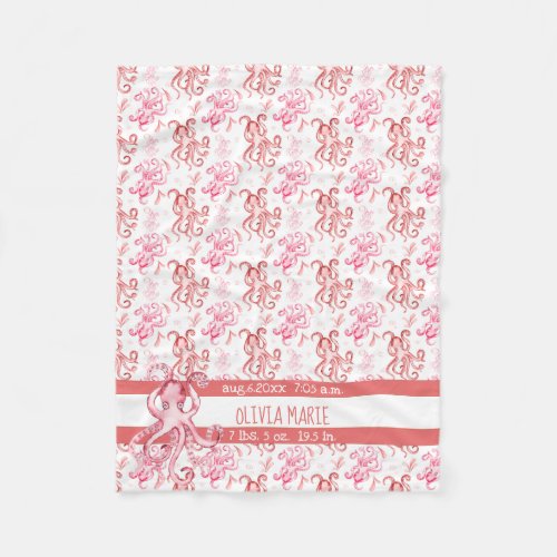 Cute Coral and Pink Watercolor Octopus Babys Name Fleece Blanket