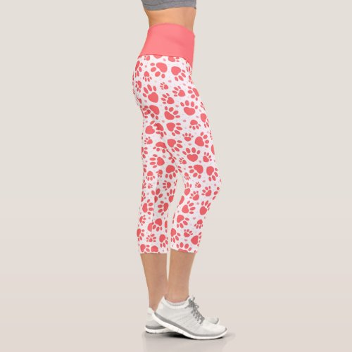 Custom Leggings 4 Cute Coral And White Heart Animal Paw Prints Capri Leggings