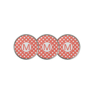 Cute Coral and White Polka Dots Monogram Golf Ball Marker