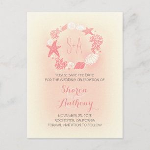 Cute coral beach wedding save the date announcement postcard